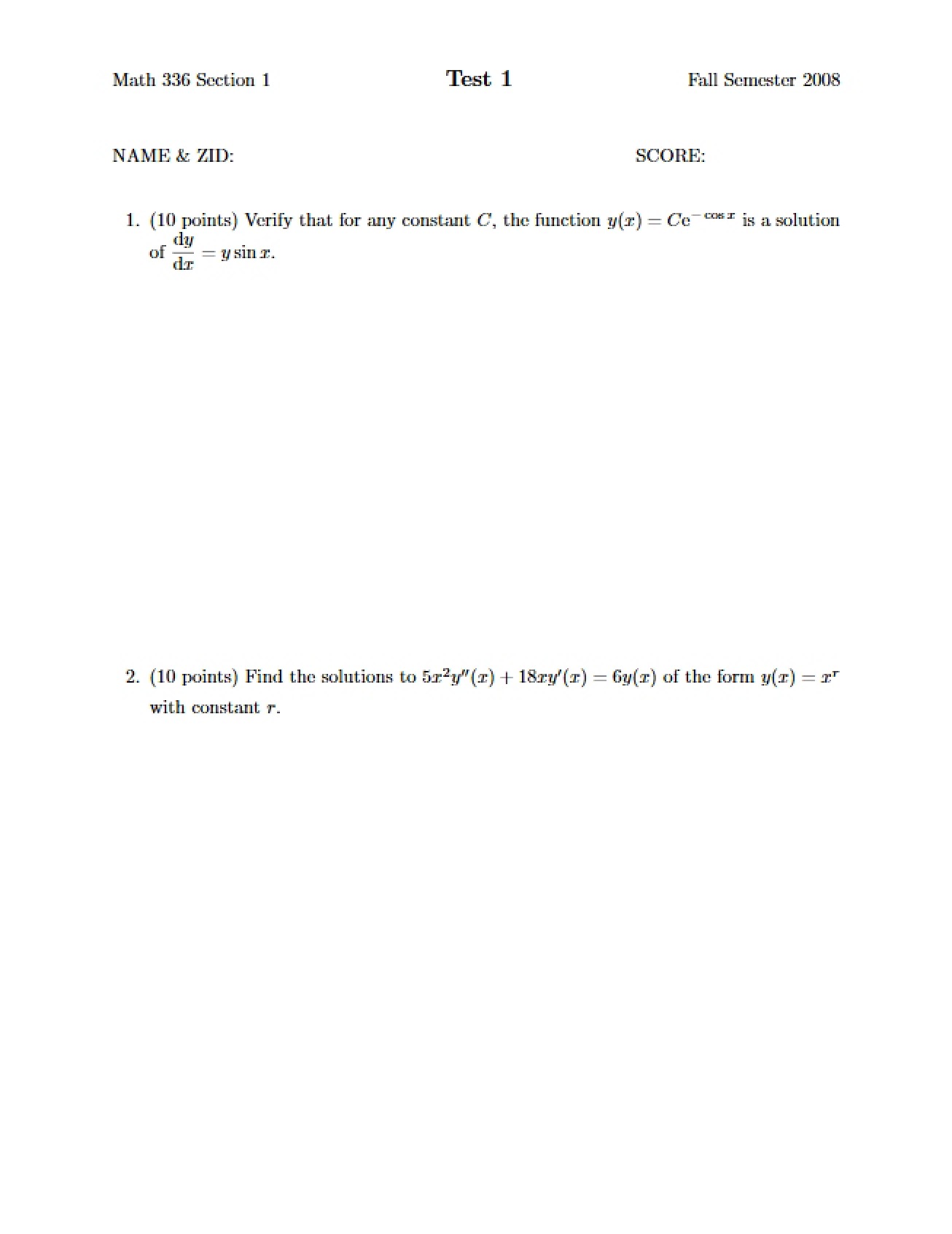 Test Paper Differential Equations