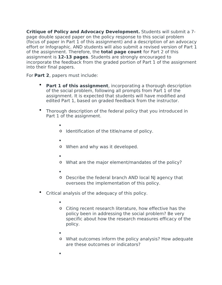 Critique and Improvements for Policy and Advocacy Development Assignment