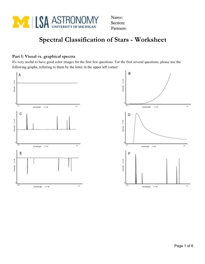 Worksheet - Spectral Classification of Stars