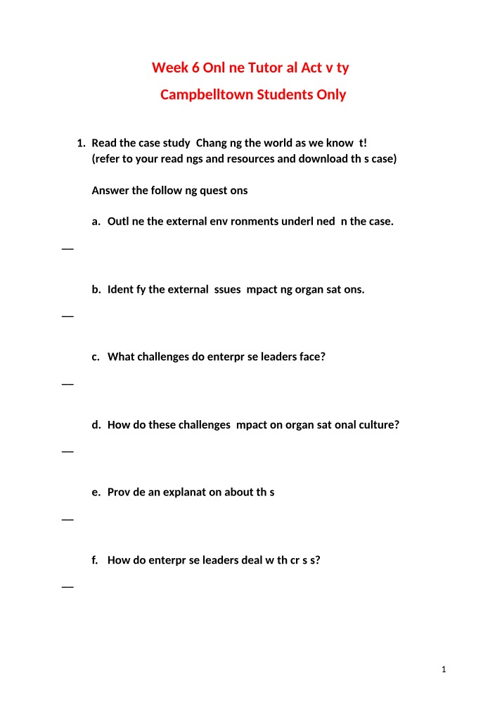Week 6 Tutorial Activity for Campbelltown Students
