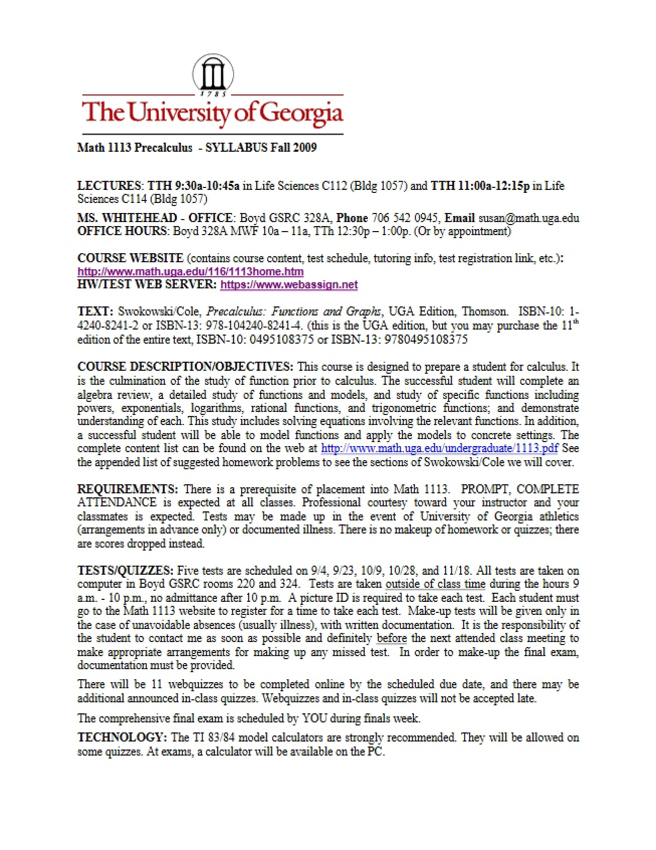 MATH 1113, Fall 2009 (Whitehead)