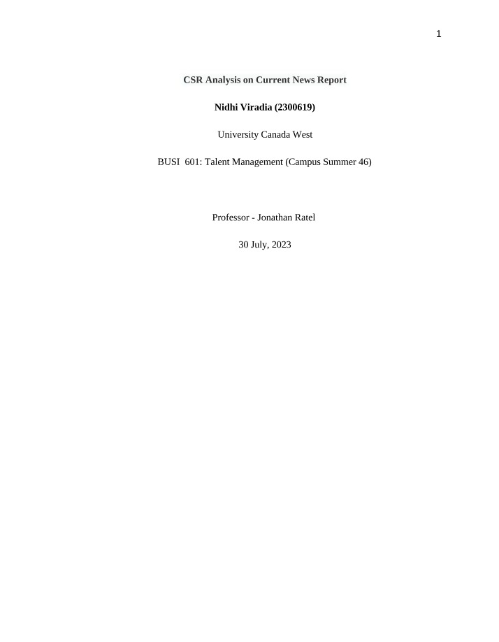 CSR Analysis of a Current News Report