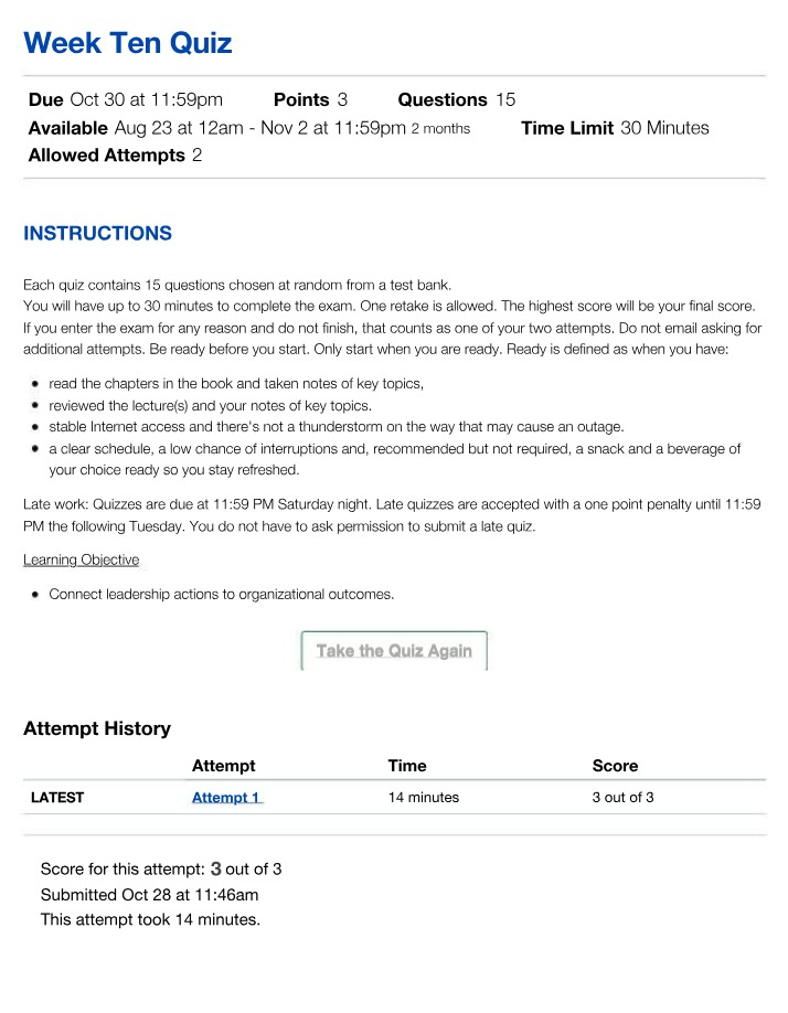 Week Ten Quiz - MGMT 4470 Leadership