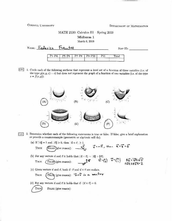 MATH 2130 Calculus III - Spring 2019 Midterm 1