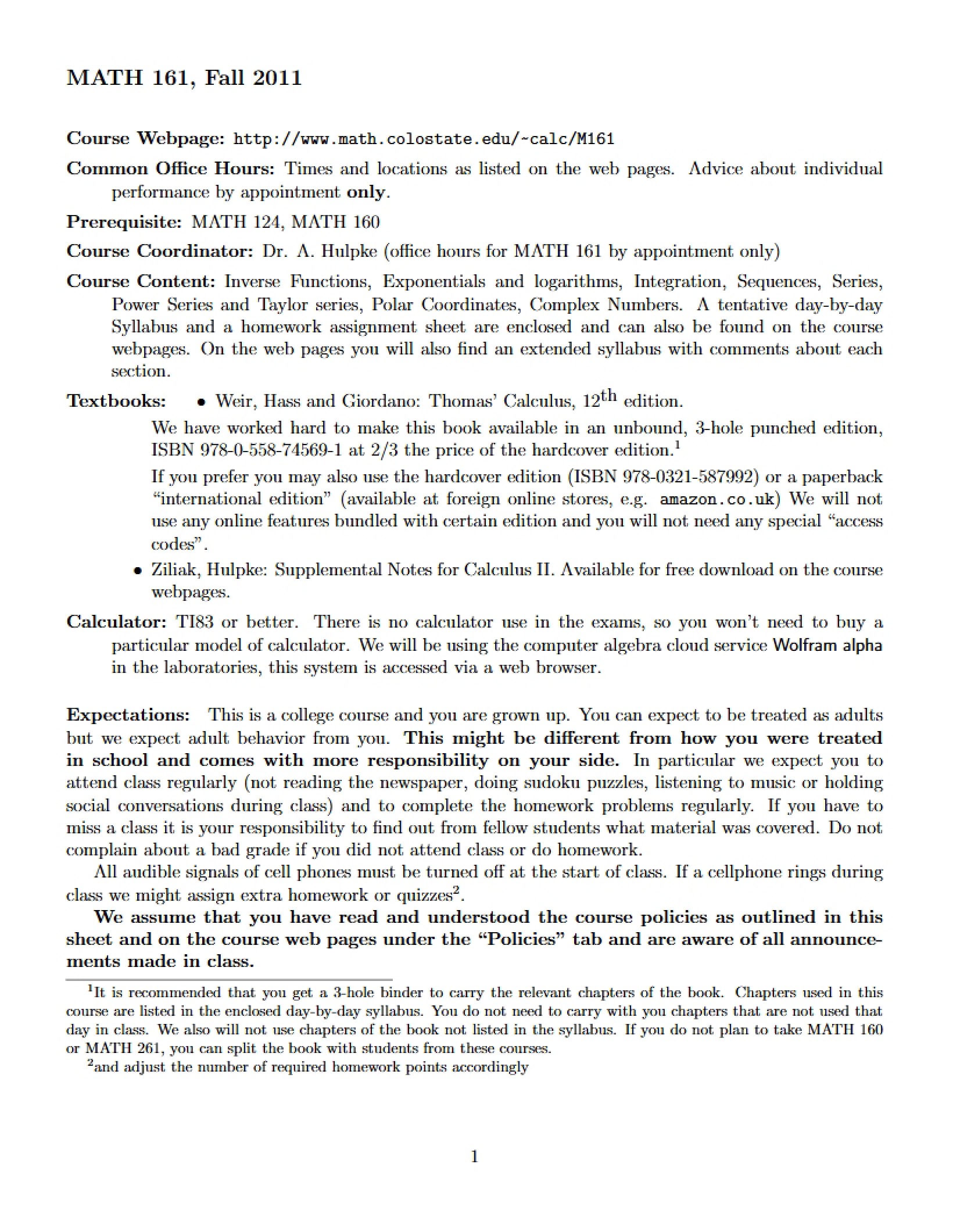 Math 161 Course Syllabus