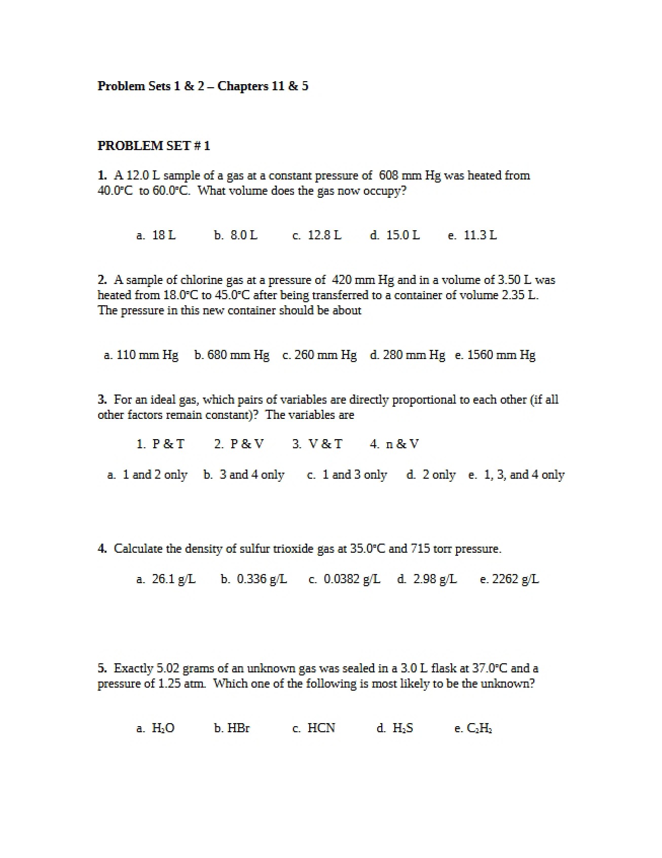 Chapters 5 and 11 Problem Sets 1 and 2