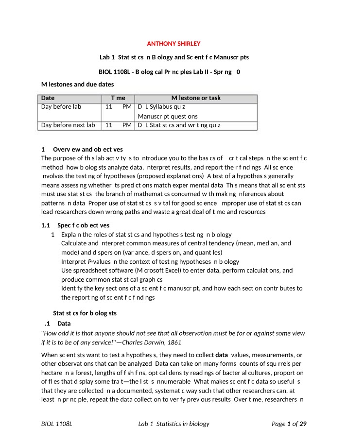 Statistics in Biology and Scientific Manuscripts - Lab 1