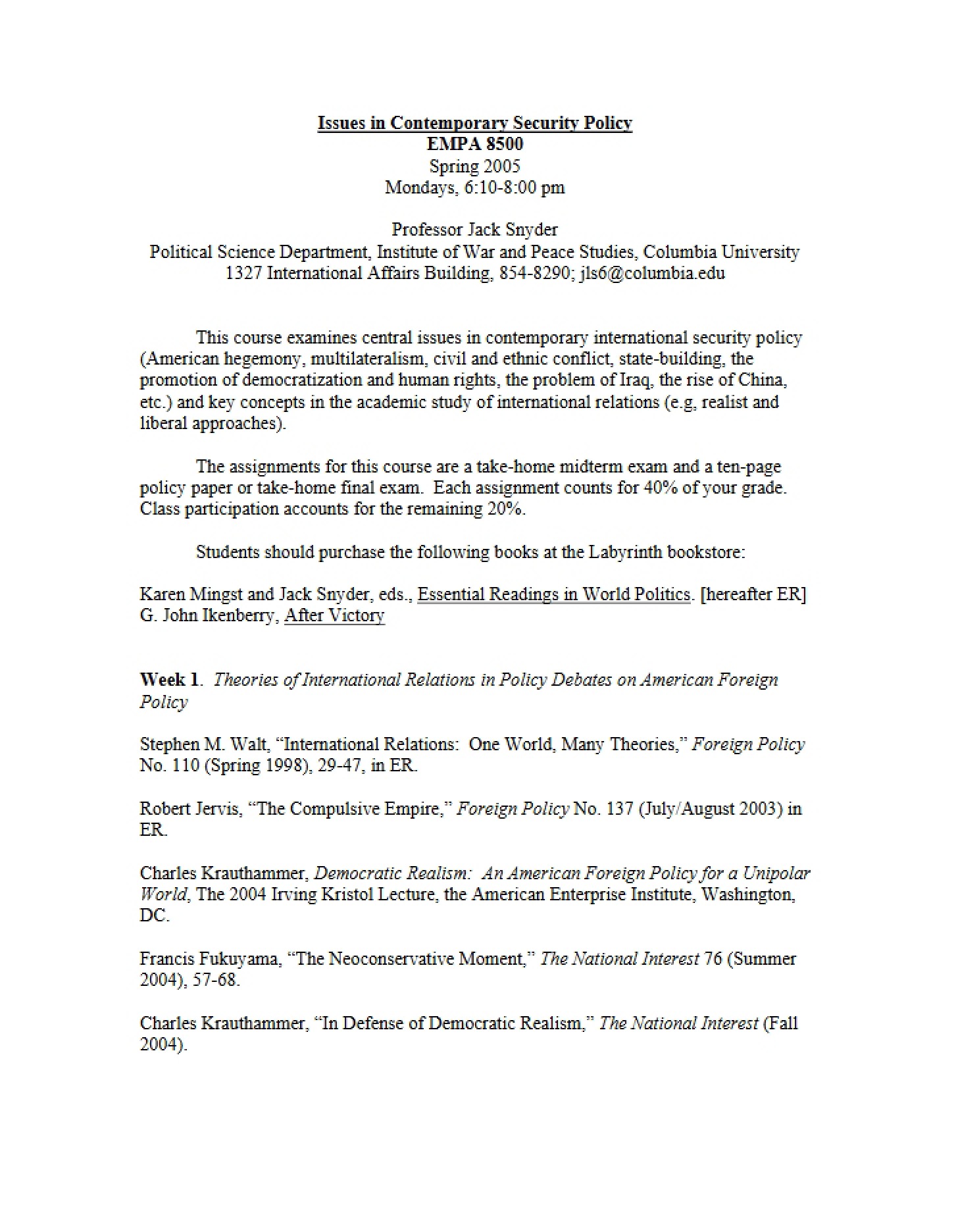 Syllabus Contemporary Security Policy Issues
