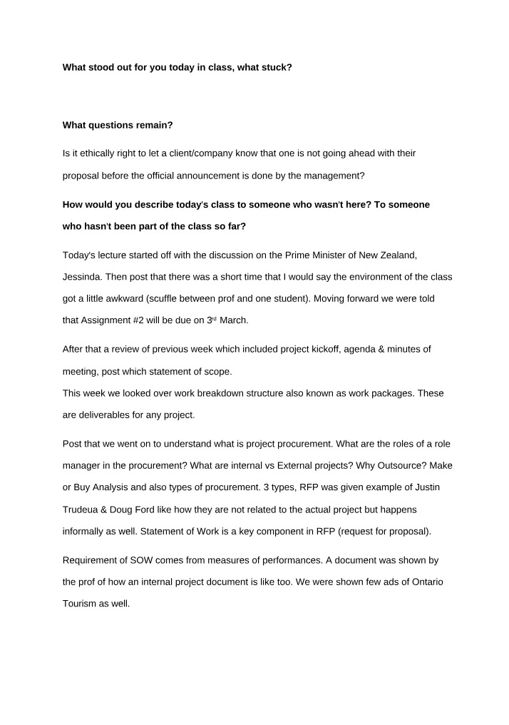 What Stood Out in Class - Ethical Dilemmas and Project