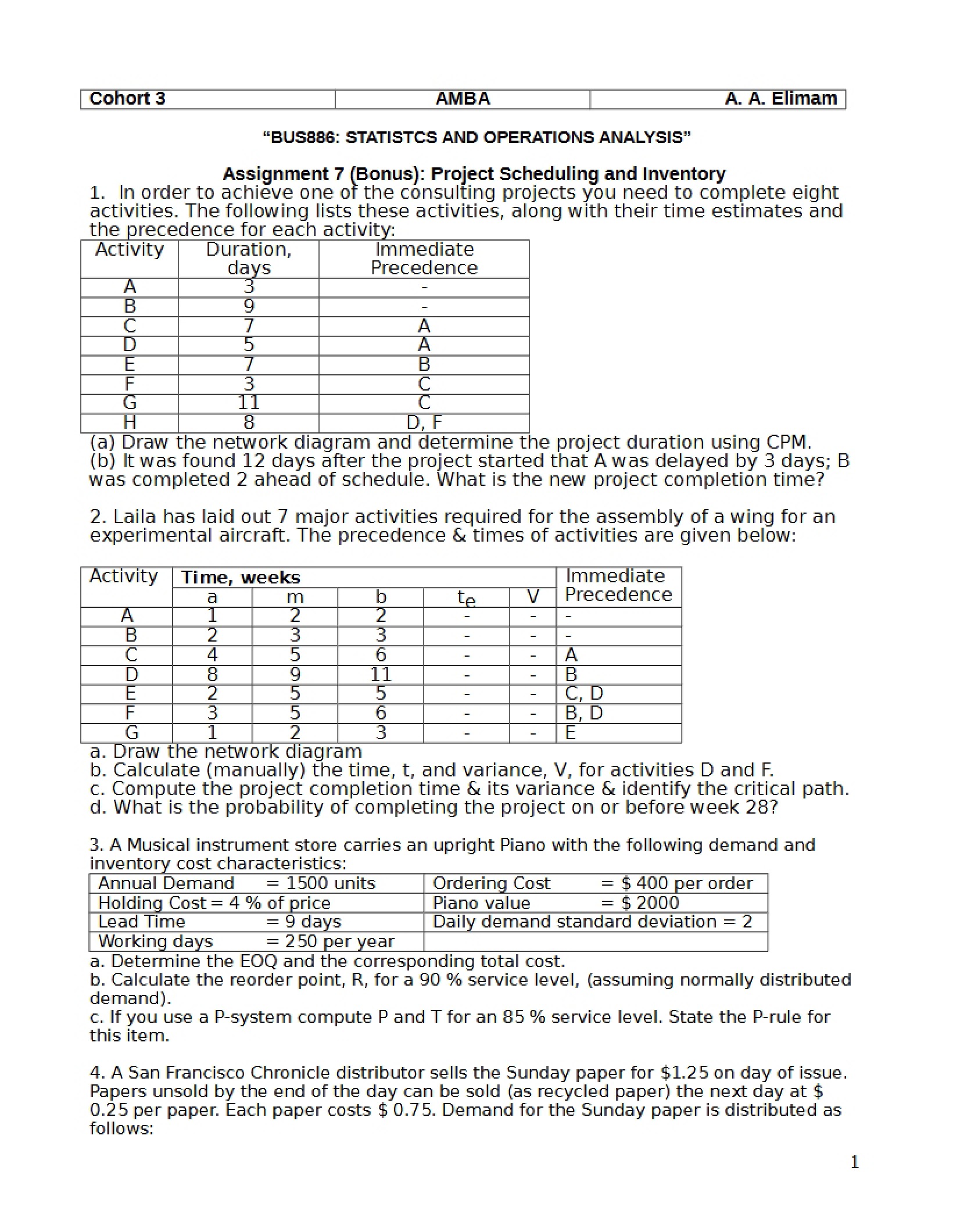 Bonus Assignment 7 Inventory and Scheduling