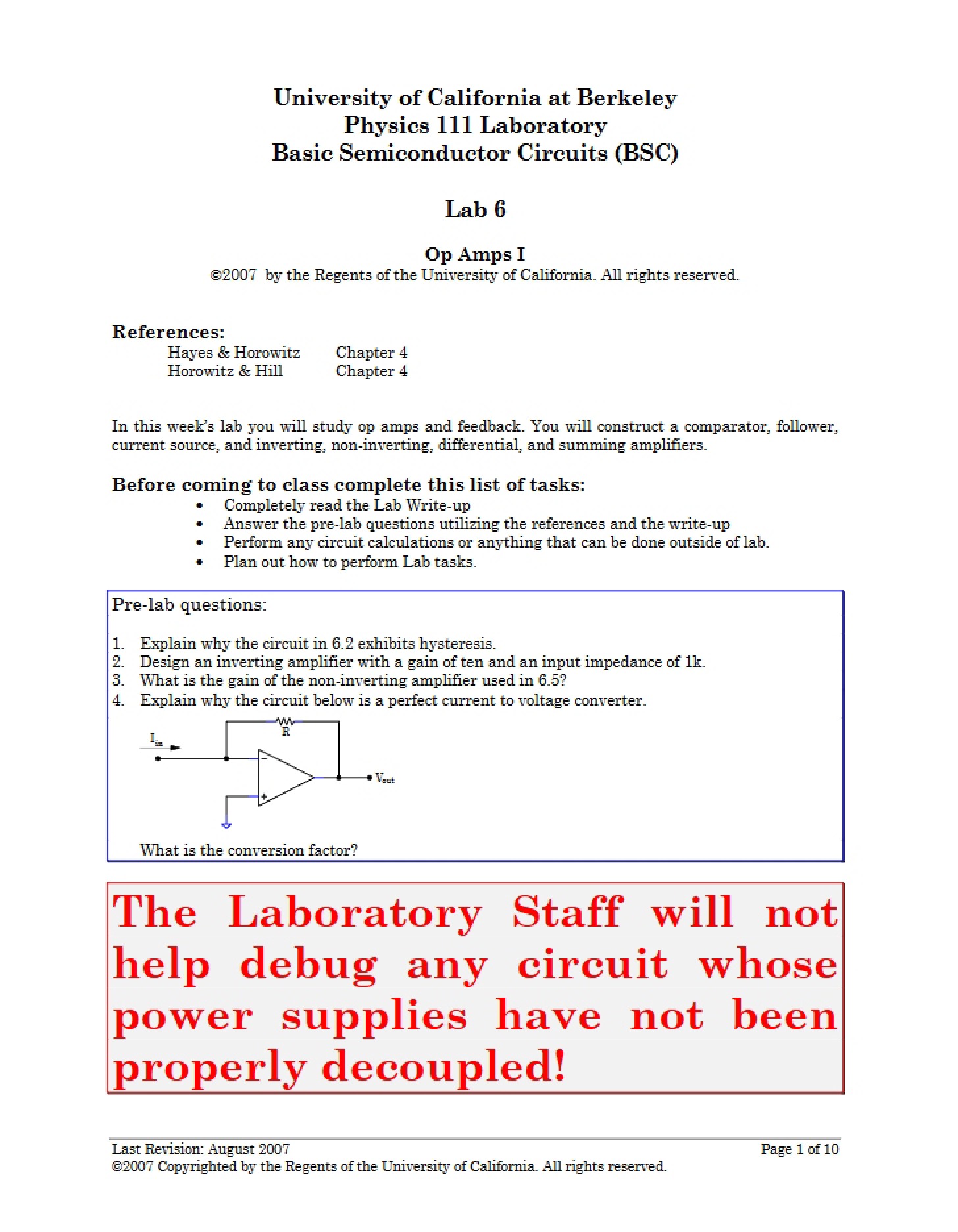 Op Amps I Lab Session 6