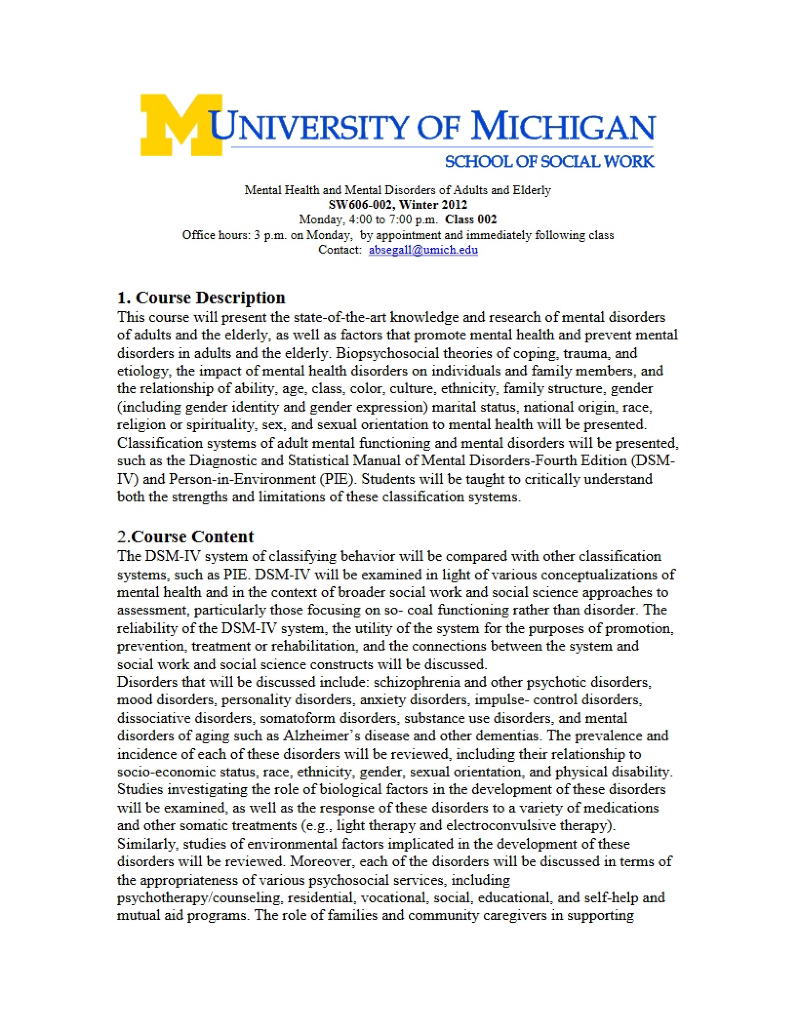 Adult Mental Health Syllabus