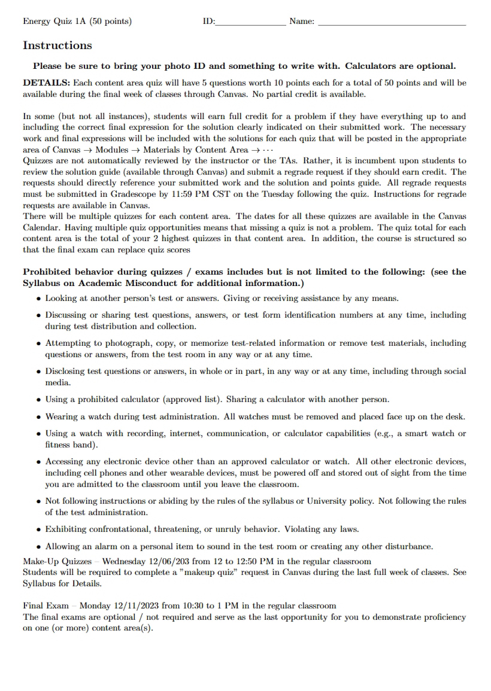 Quiz 1A Energy