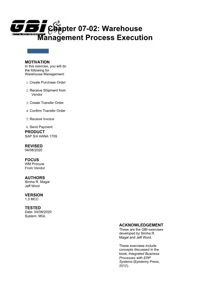 Warehouse Management - Create Purchase Order in SAP S4 HANA 1709