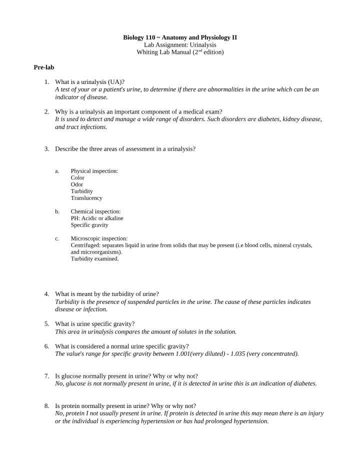 Assignment for Urinalysis Lab