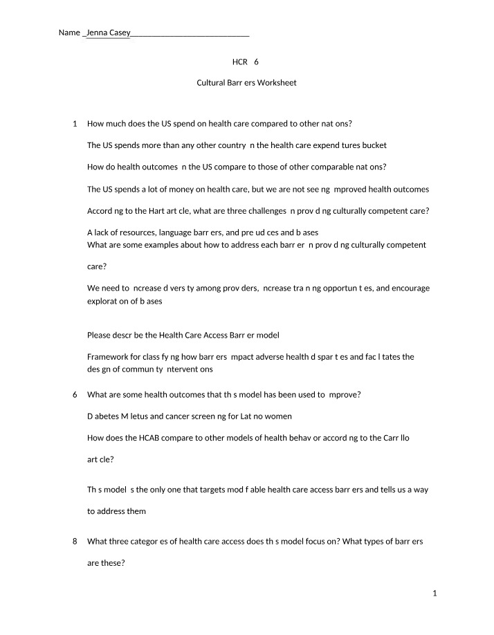 Worksheet - Cultural Barriers
