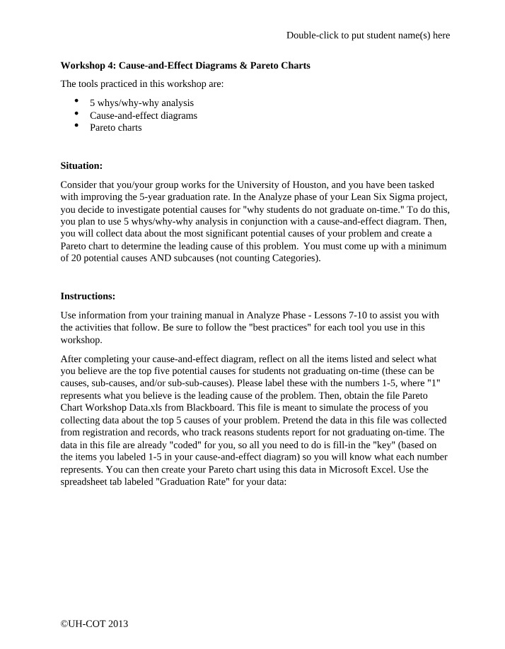 Workshop 4 Cause and Effect Diagrams and Pareto Charts Set 2