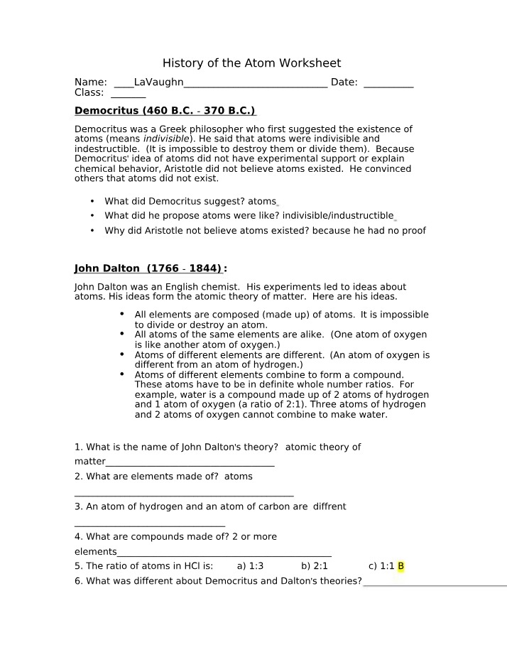 Worksheet - History of the Atom