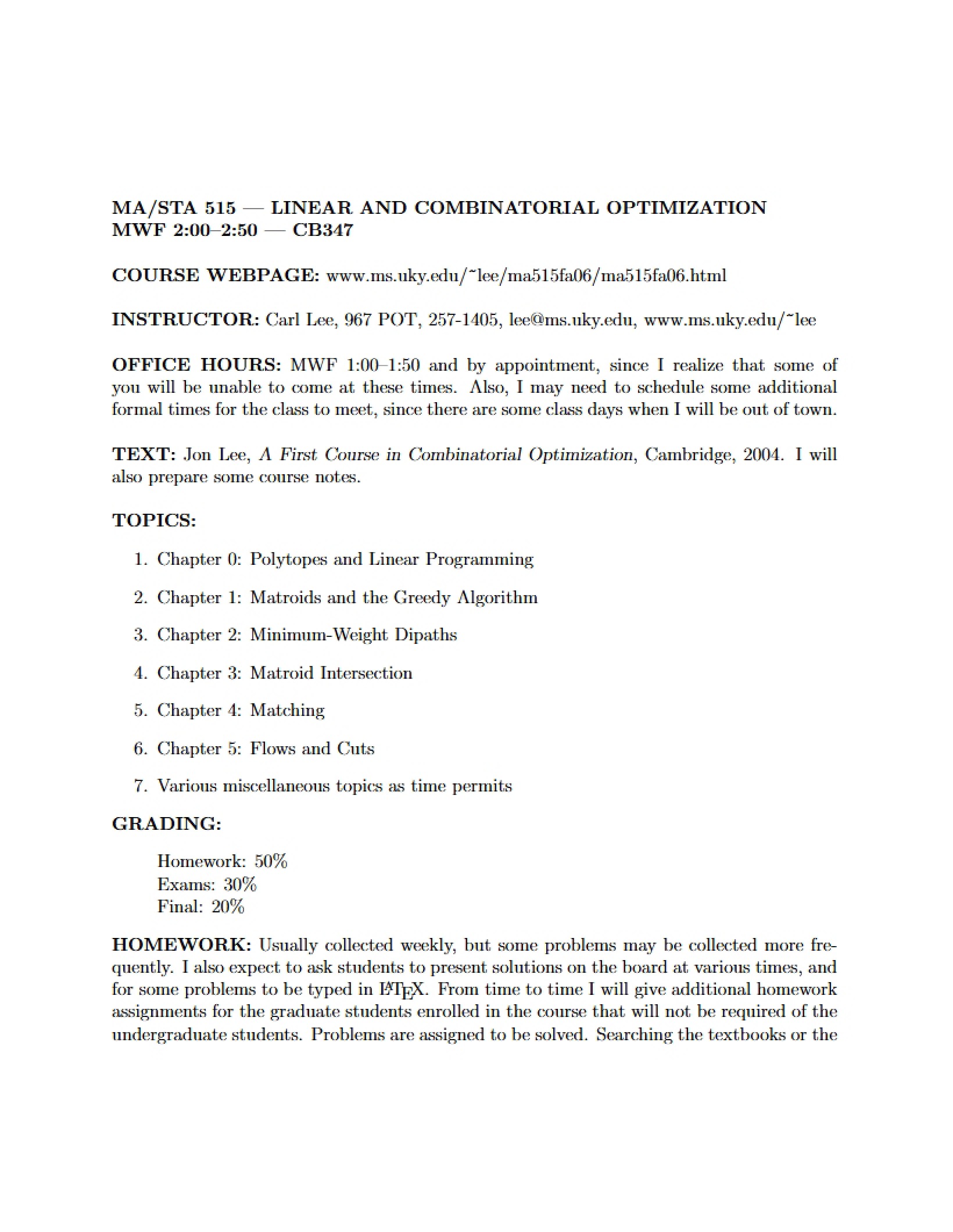 Optimization Course Syllabus
