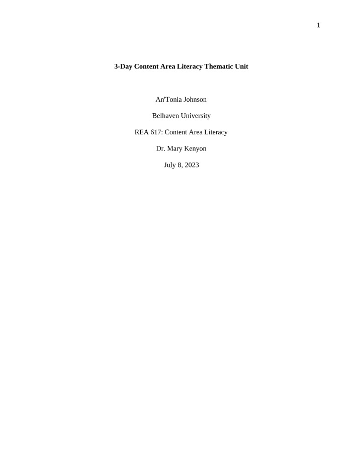 Content Area Literacy - 3-Day Thematic Unit Planning Guide