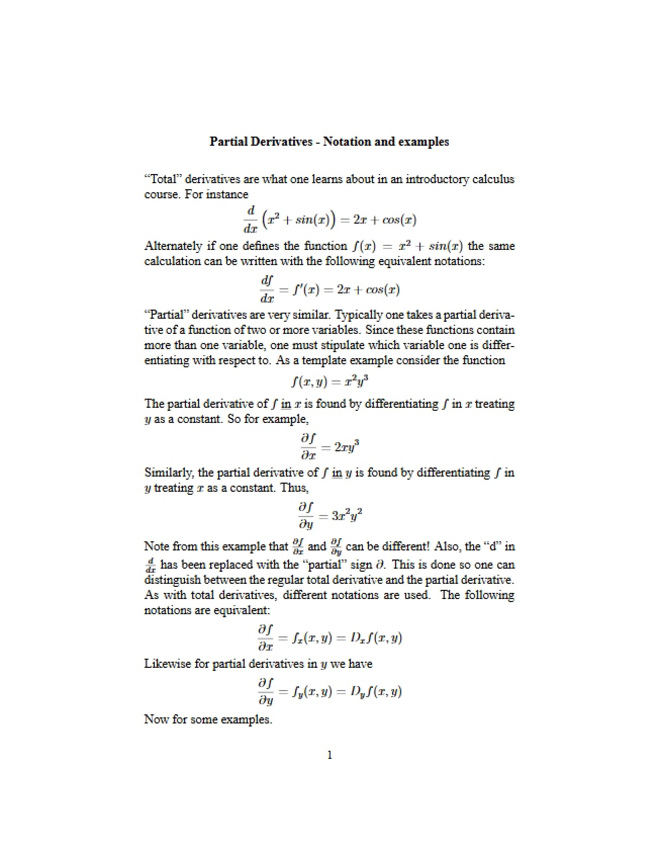 Notation and Examples Partial Derivatives