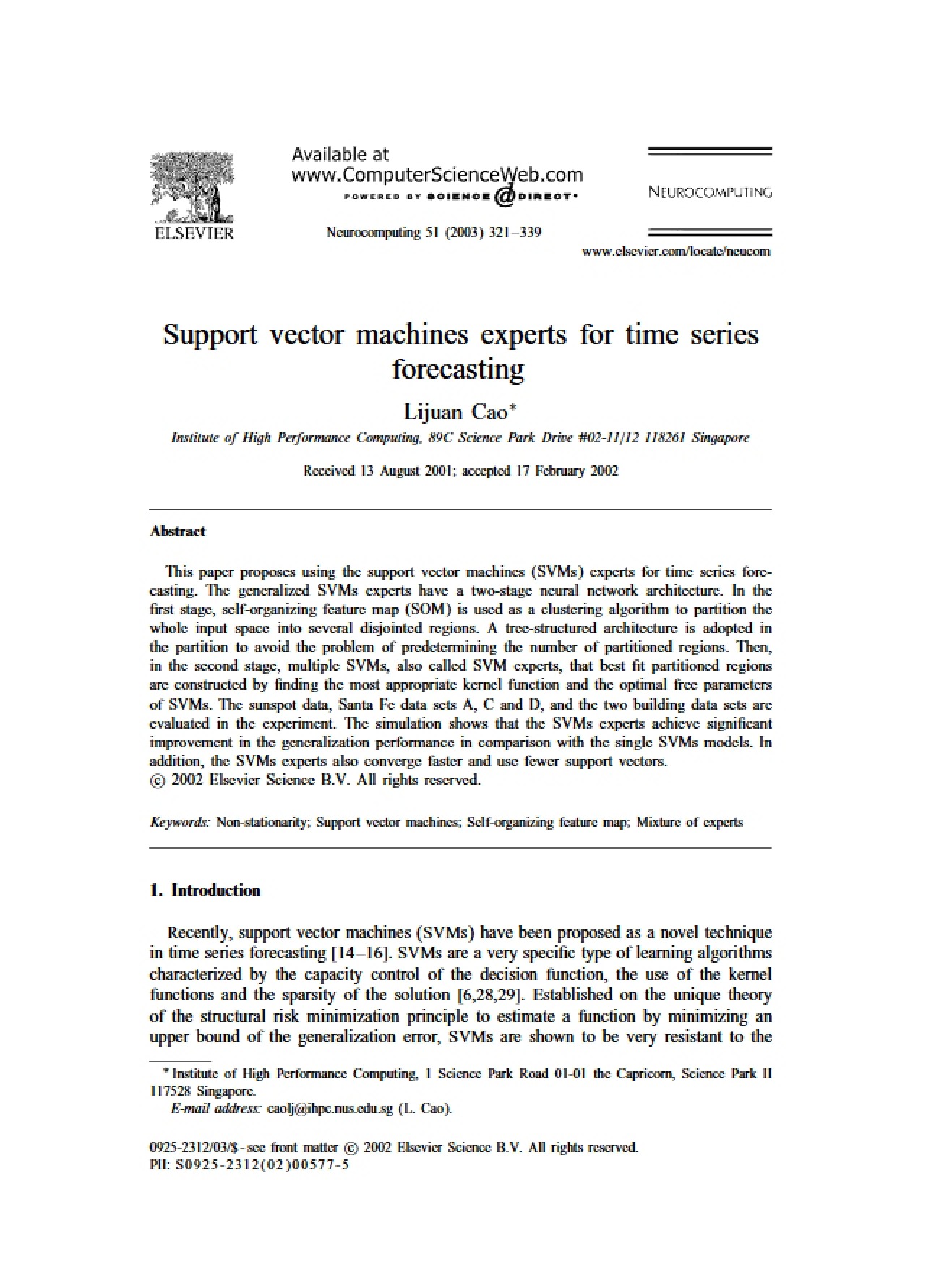 Forecasting Time Series with Support Vector Machines Experts