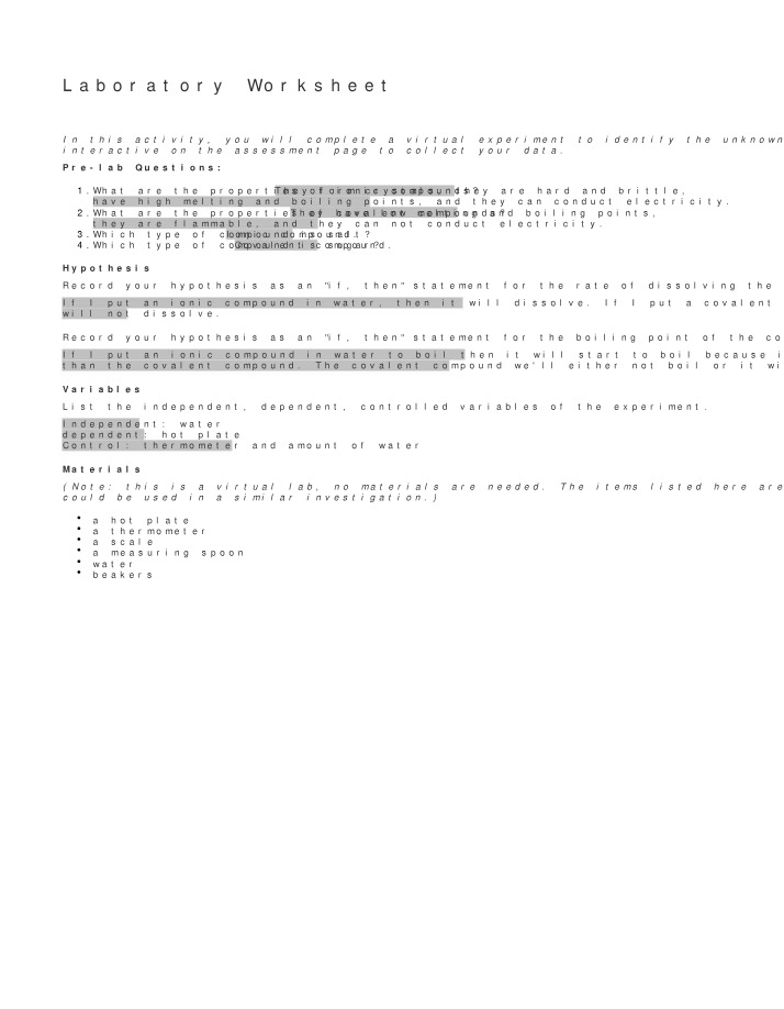 Virtual Lab Worksheet - Identifying Unknown Compounds and Their Properties