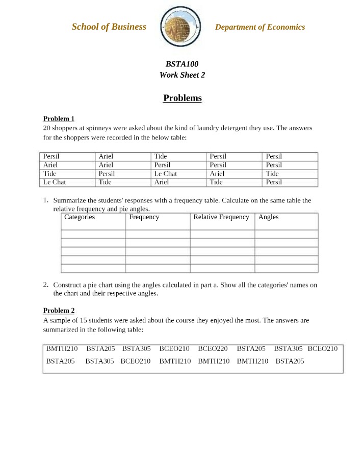 Worksheet 2 Problems - BSTA100