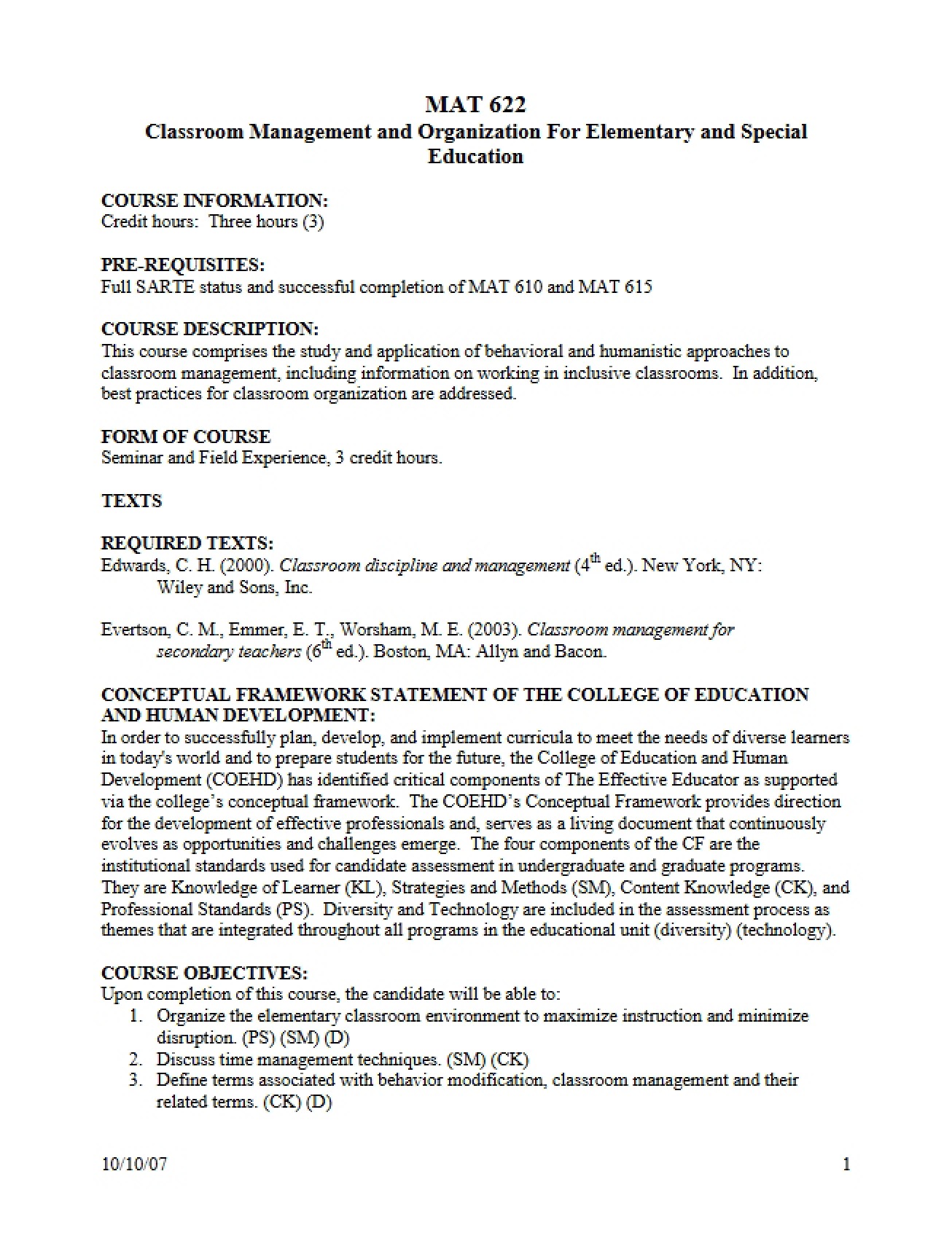 Syllabus for a Classroom Management and Organization for Inclusive Elementary Classrooms Course