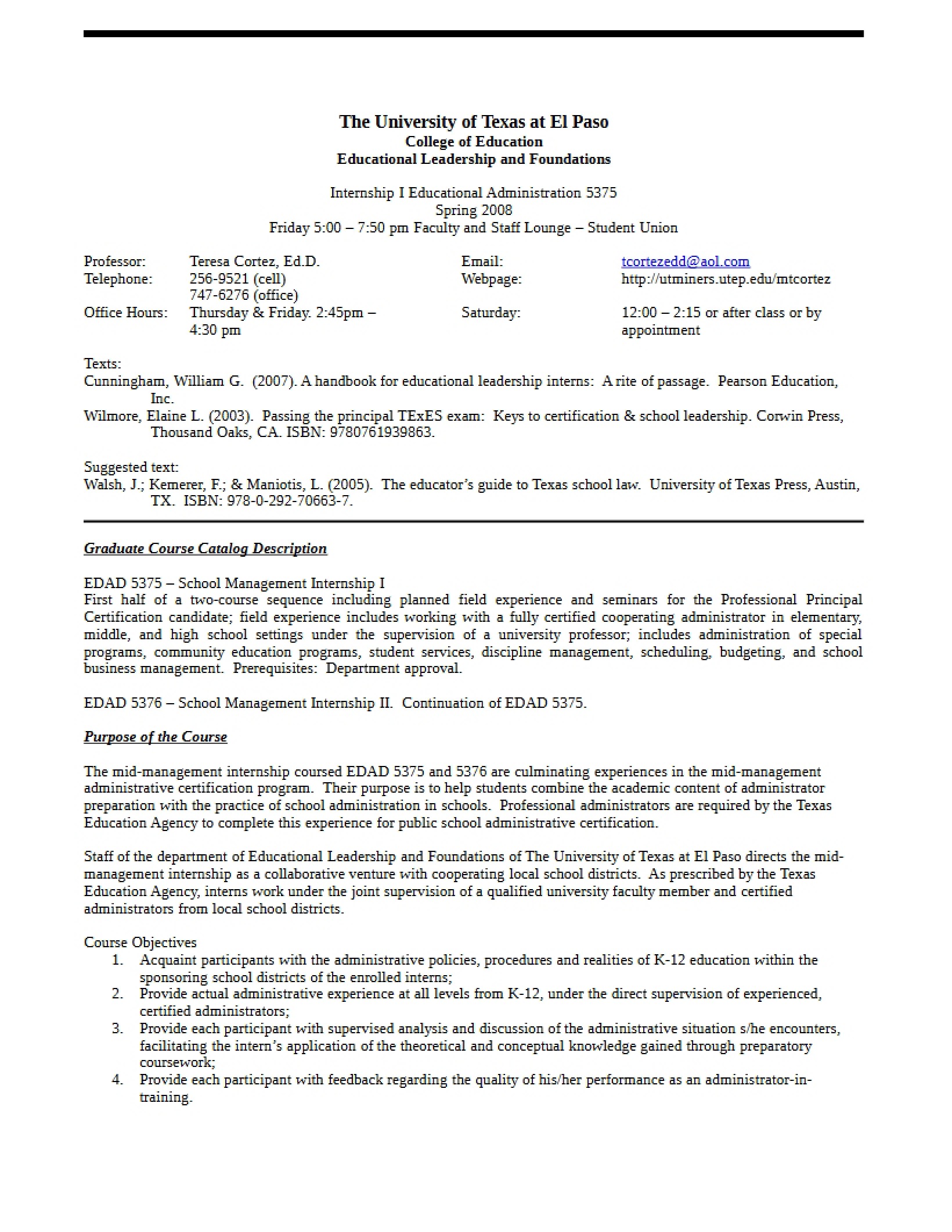 School Management Internship I Syllabus - EDAD 5375
