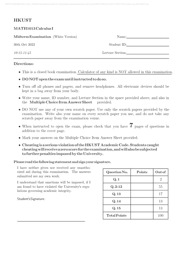 White Version - Calculus I Midterm Examination