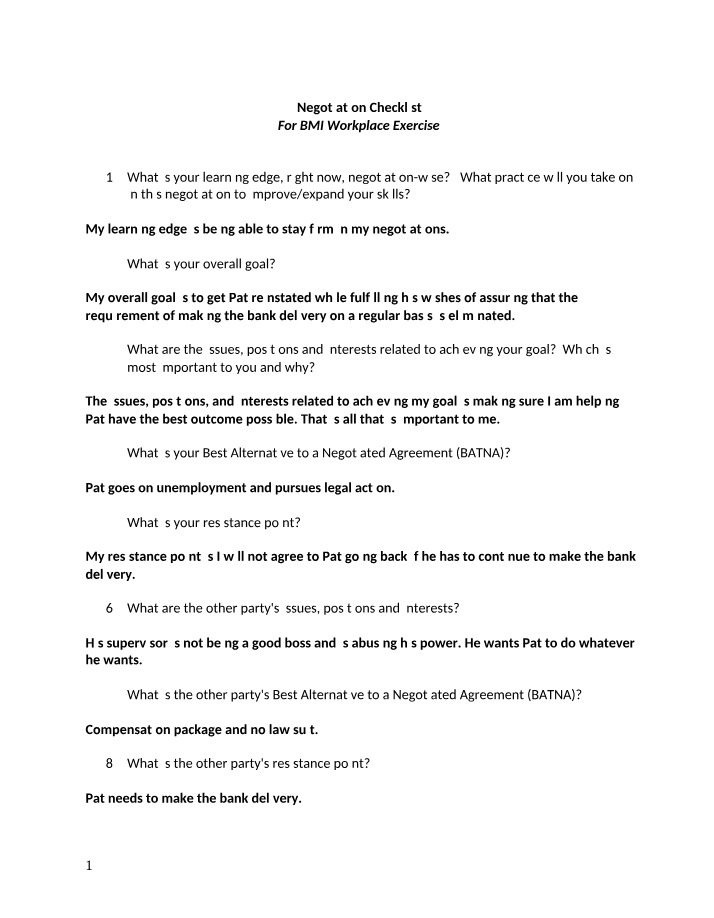 Workplace Negotiation Exercise - Checklist