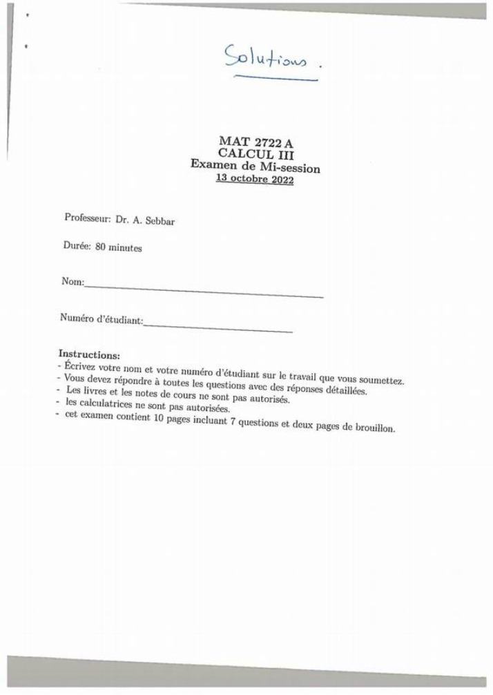 Calculus III Mid-term Exam Solutions (MAT 2722)