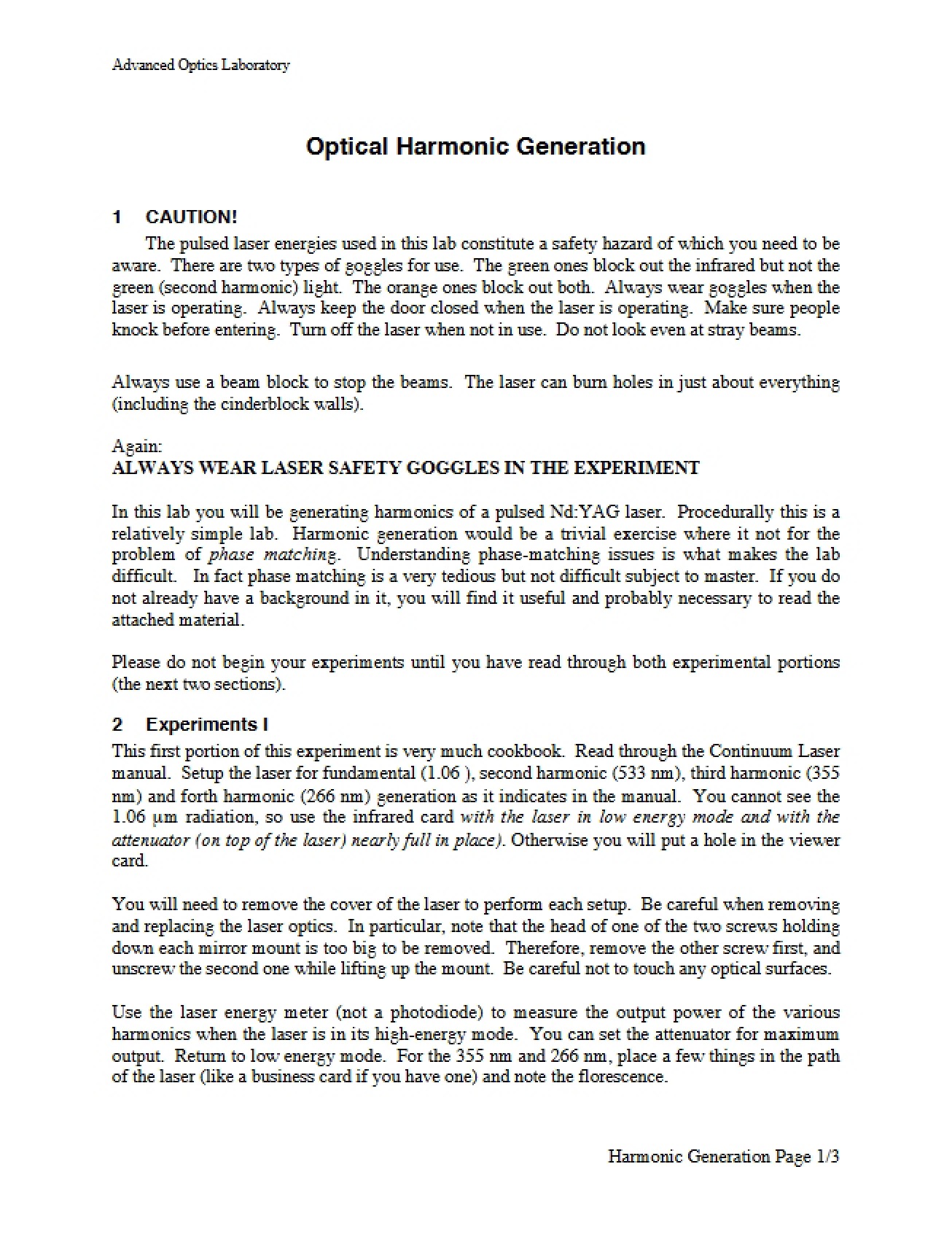 Optical Harmonic Generation (Topic 1)