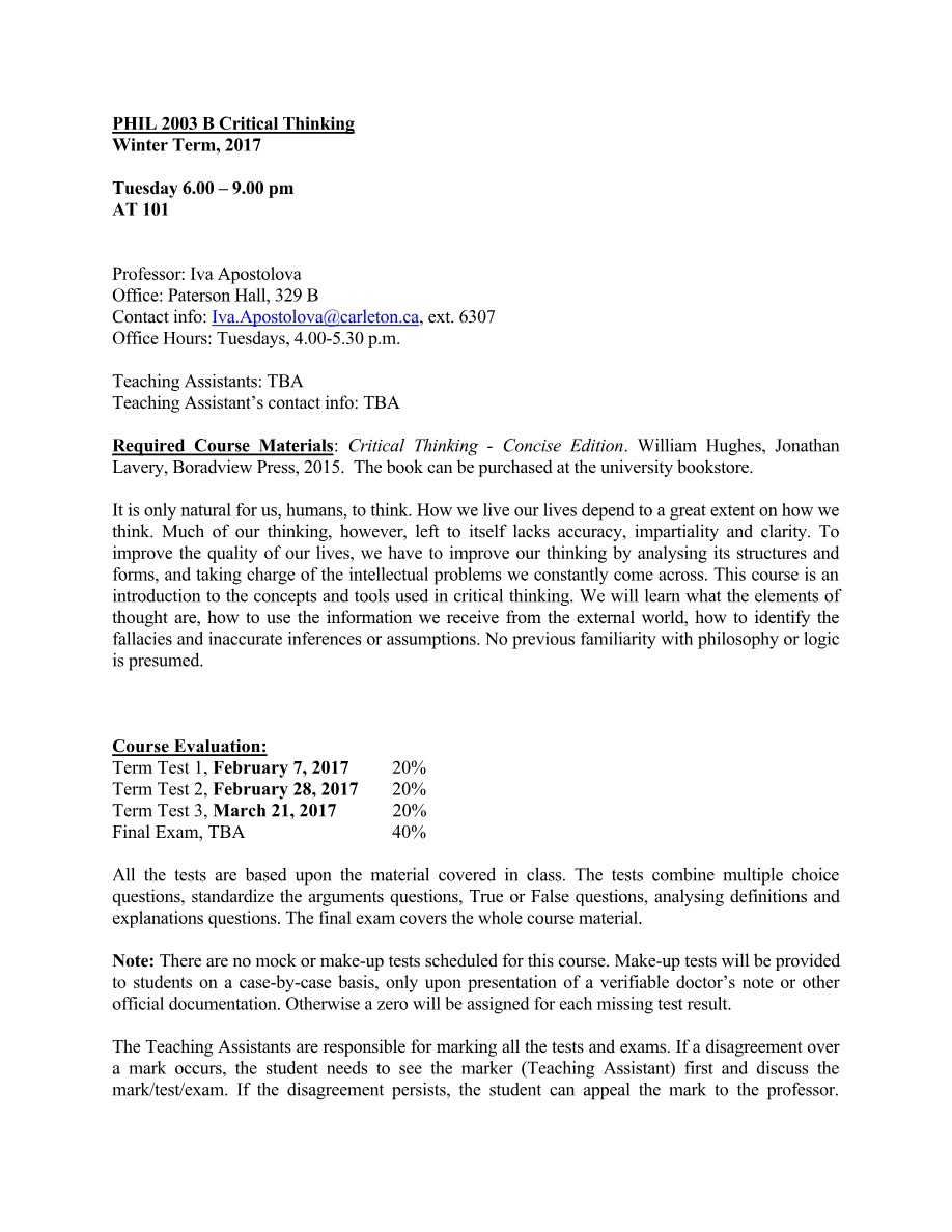 Critical Thinking (PHIL 2003B) Winter 2017 Syllabus
