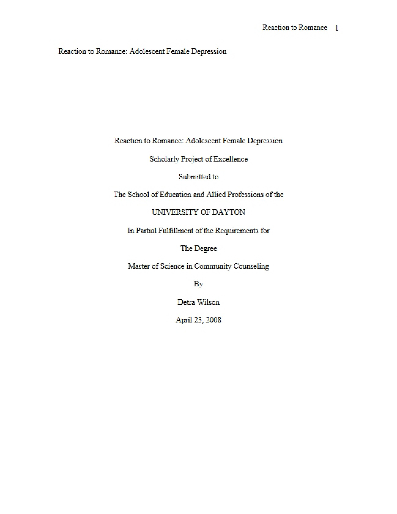 Adolescent Female Depression and Romance Reactions