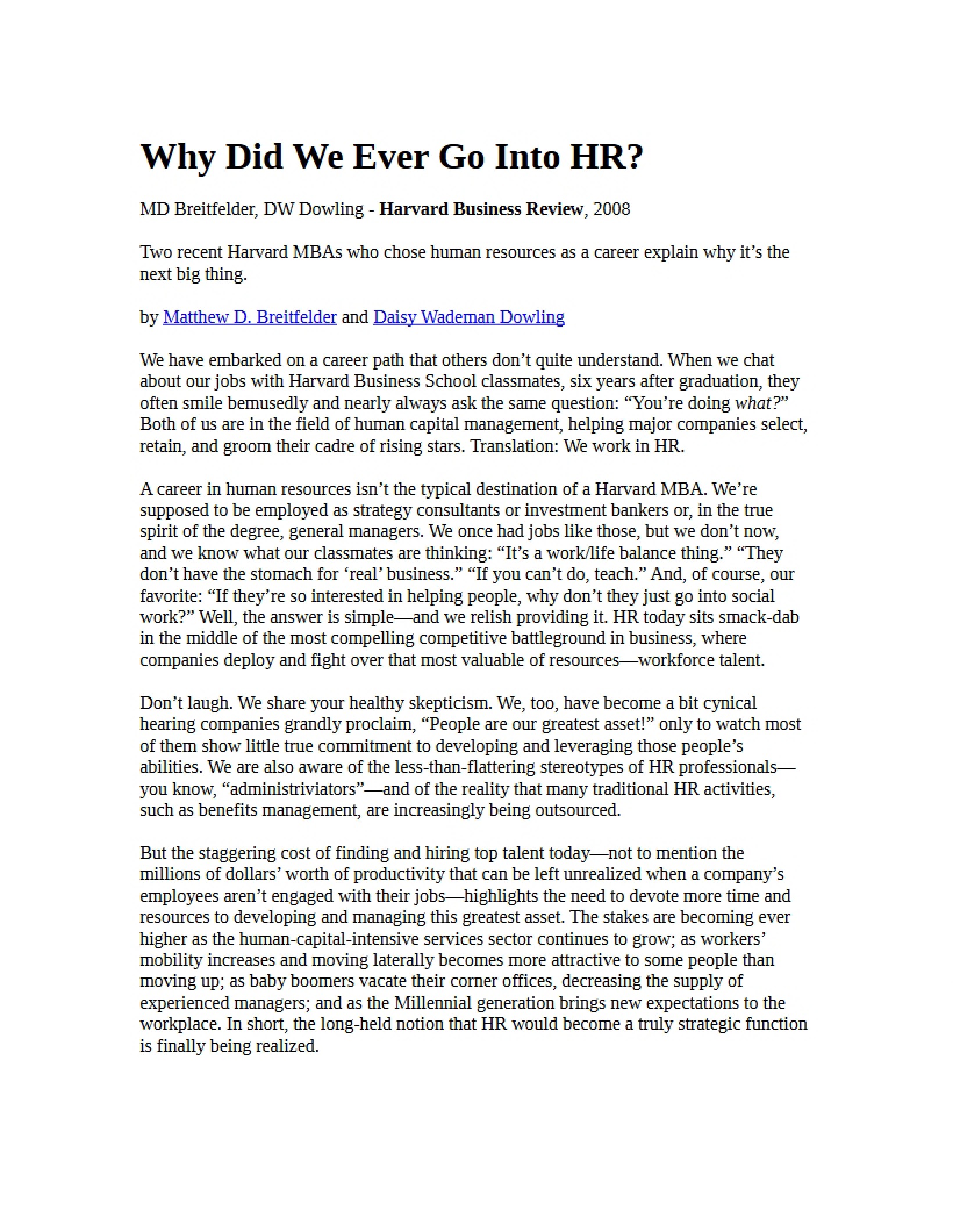 Motivations for Joining Human Resources (July 2008 Supplement)