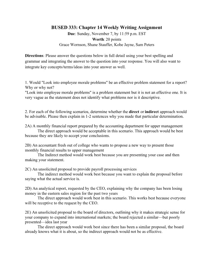 Weekly Writing Assignment - Chapter 14