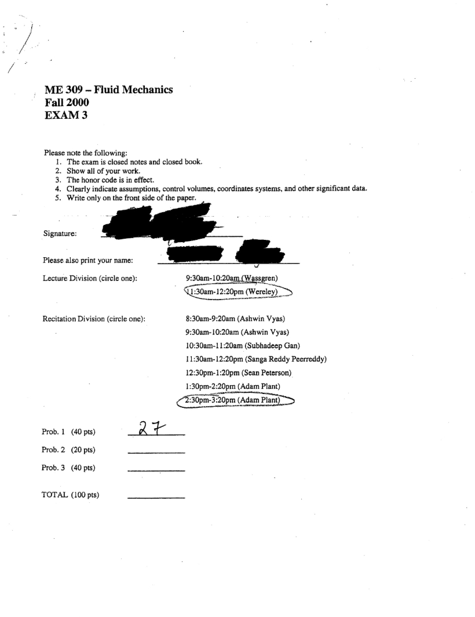 Fall 2000 Exam Three