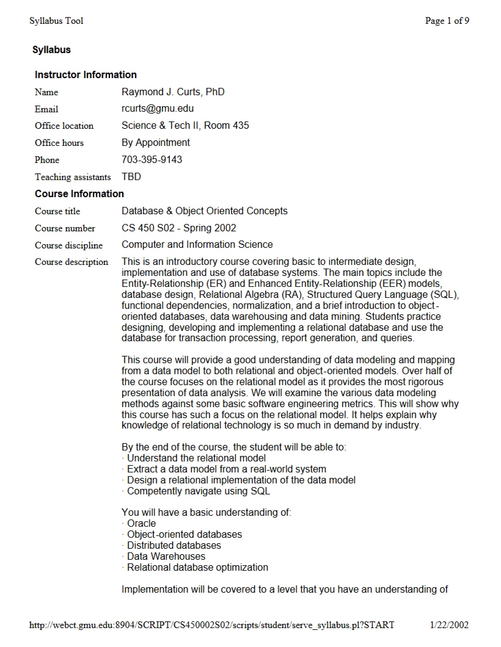 Syllabus for Database Concepts