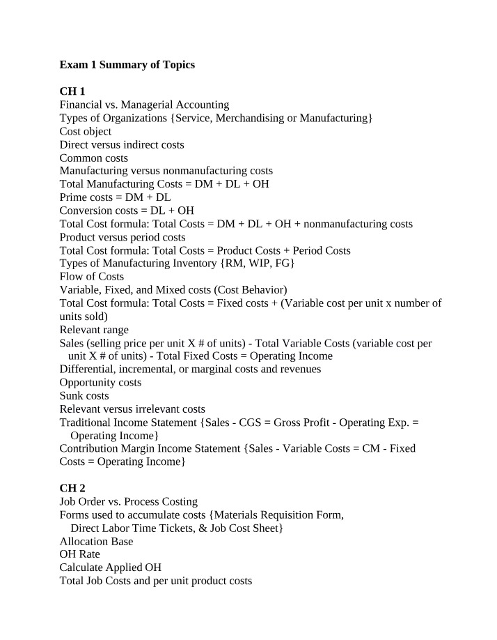 Summary of Topics for Exam 1