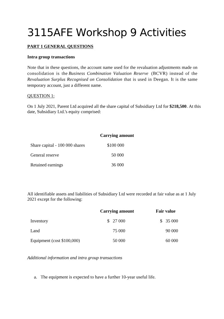 Parent Ltd and Subsidiary Ltd Consolidation Entries
