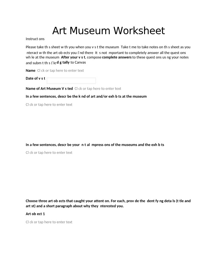 Worksheet and Reflection for Art Museum
