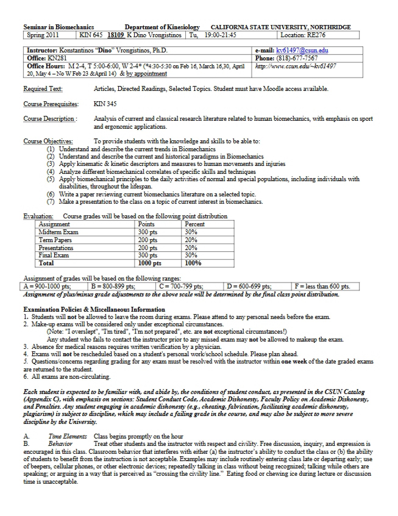 Biomechanics Seminar Syllabus
