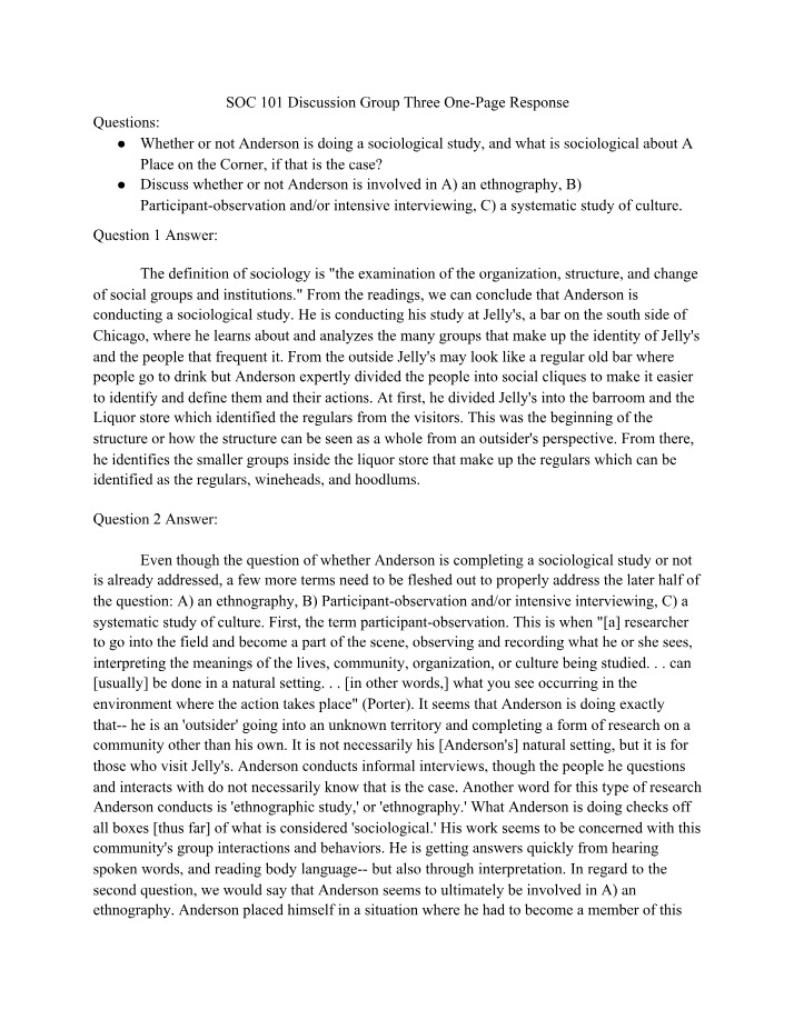One-Page Response - Discussion Group Three