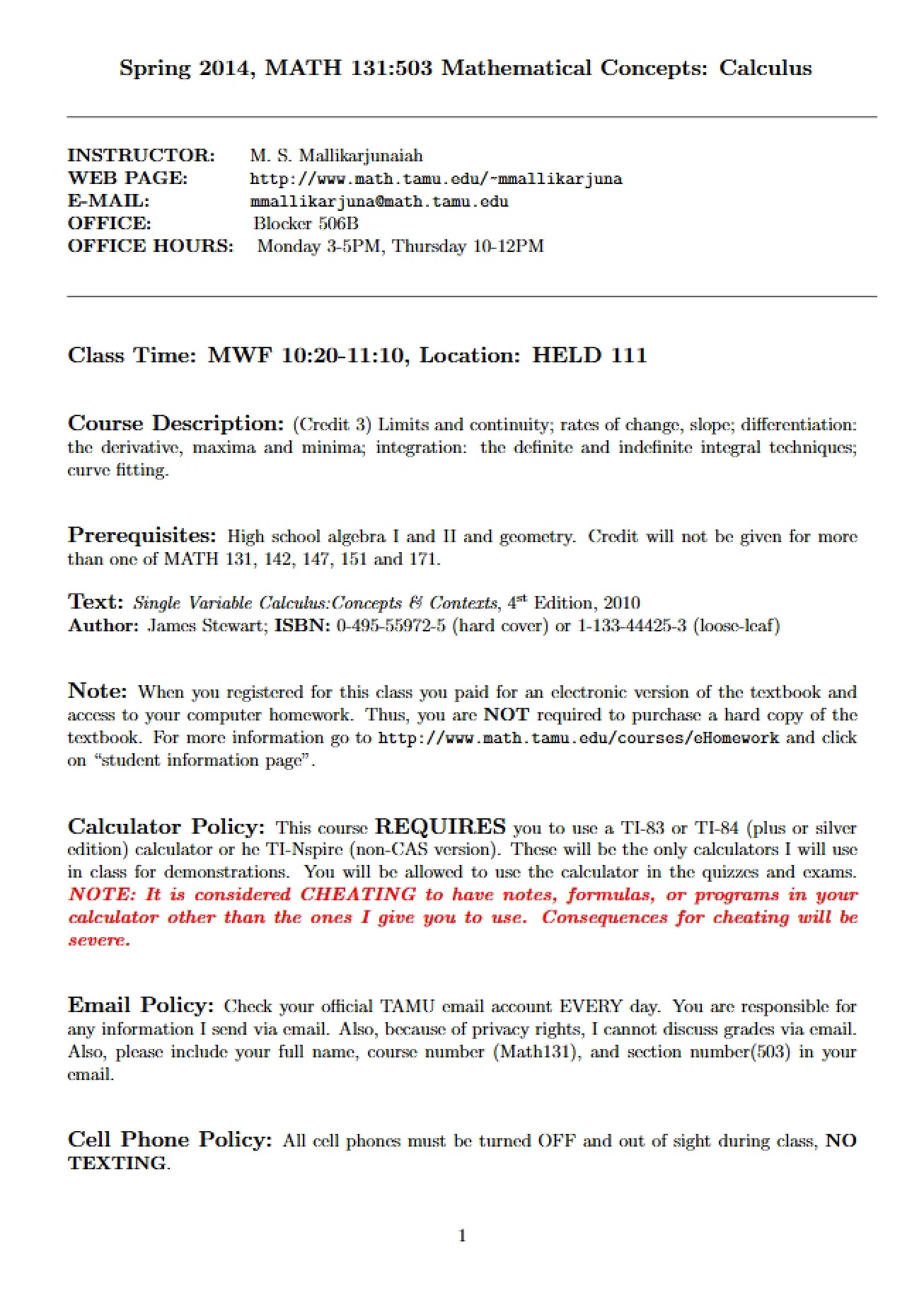 Math 131 Course Syllabus