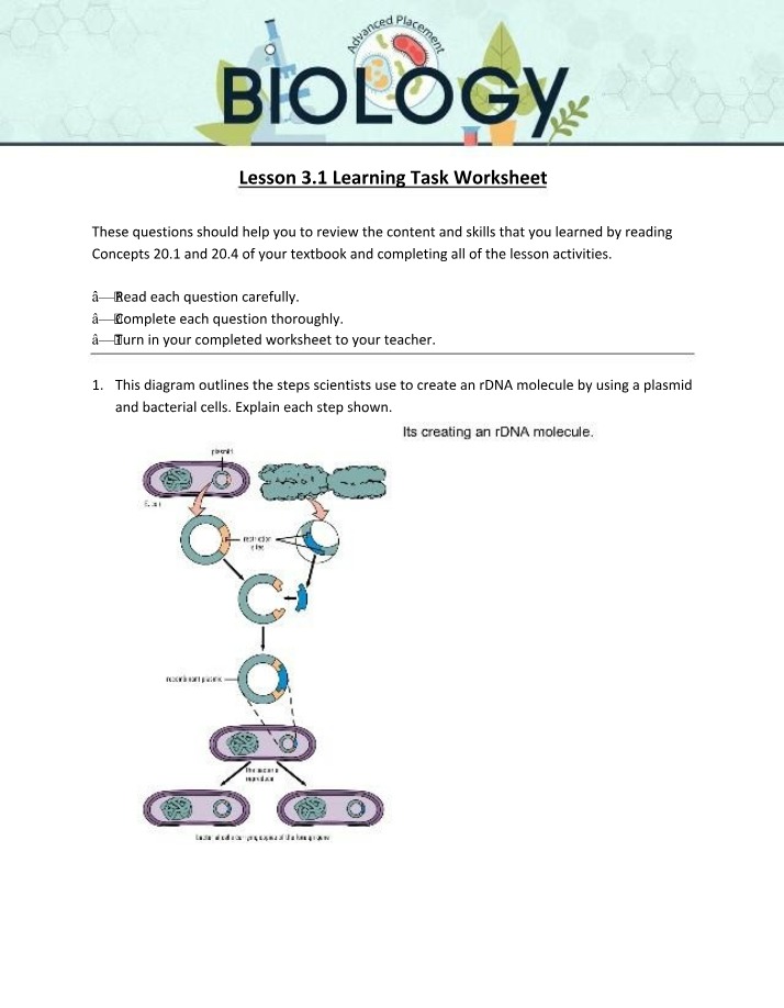 Worksheet for Lesson 3.1 Learning Task