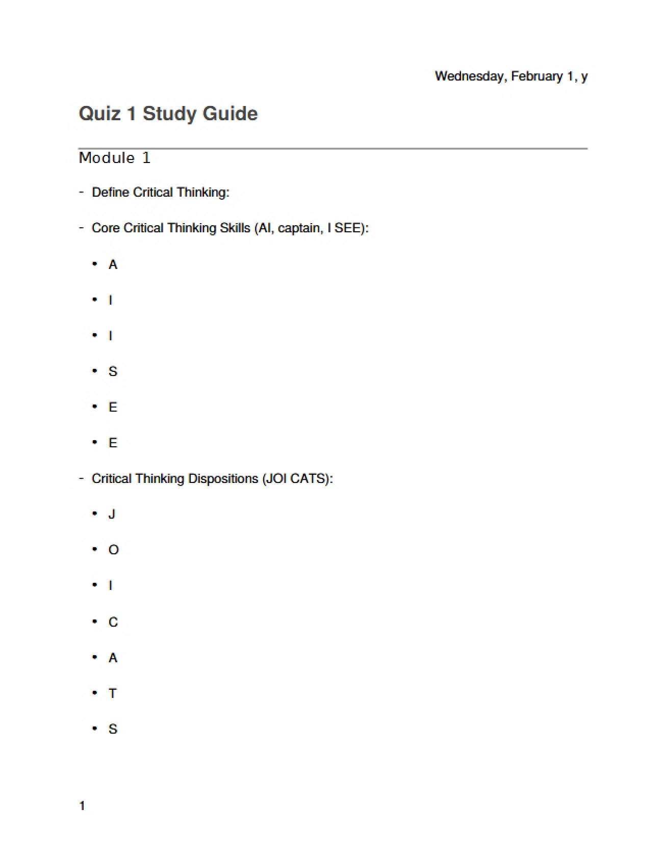 Study Guide for Quiz One
