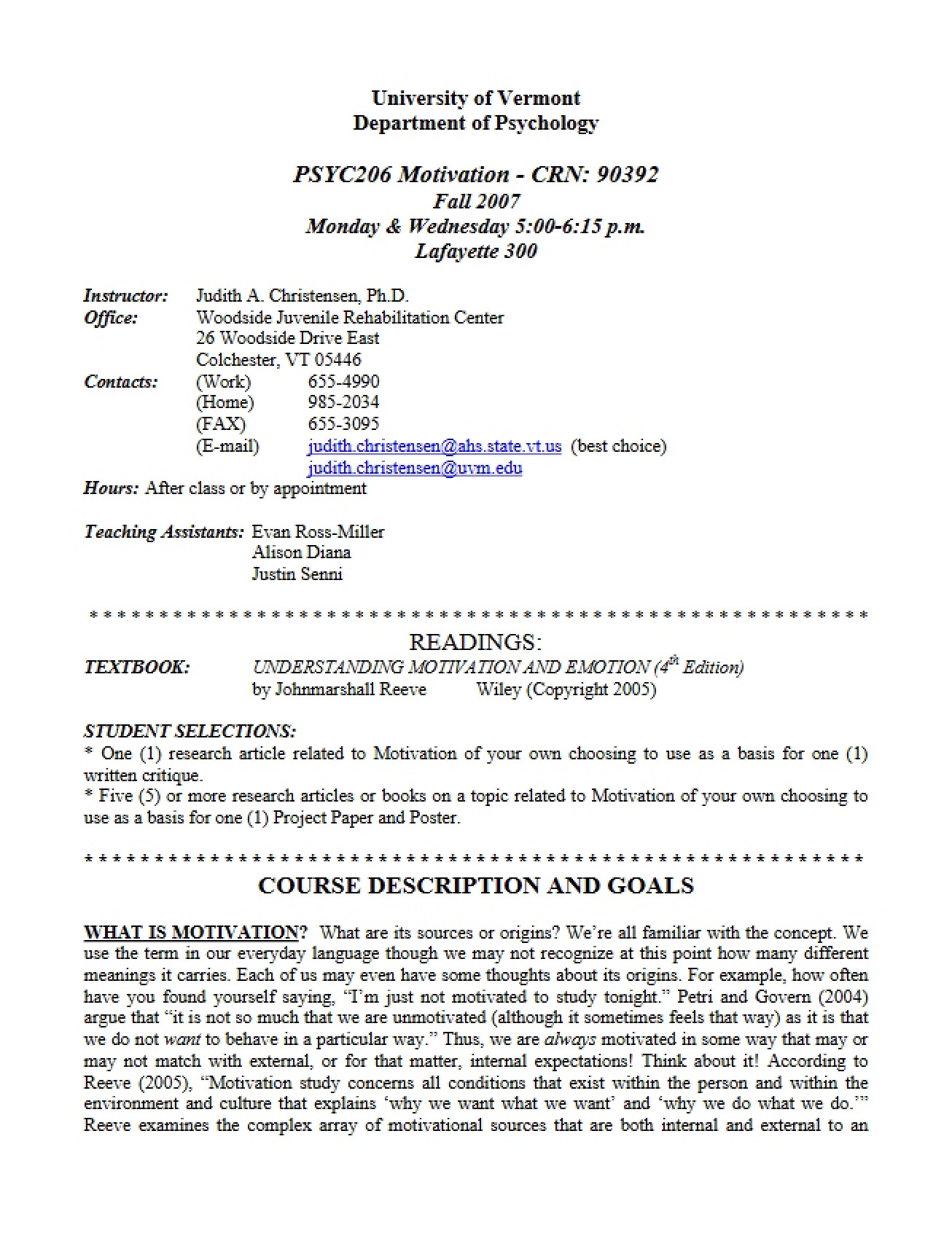Syllabus for Motivation Psychology
