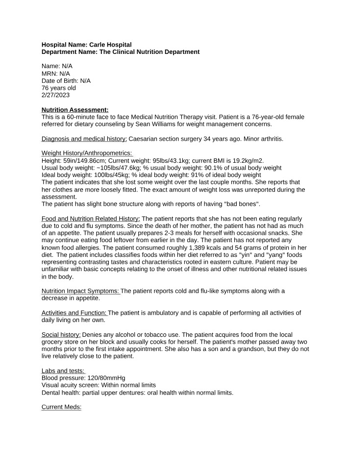 Weight Management Nutrition Assessment and Intervention